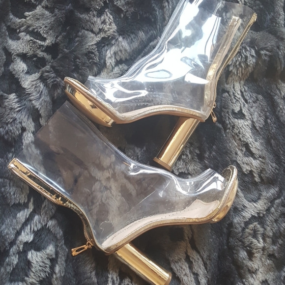 beautiisoles Shoes - Beautiisoles clear peep-toe, gold block heel boot.